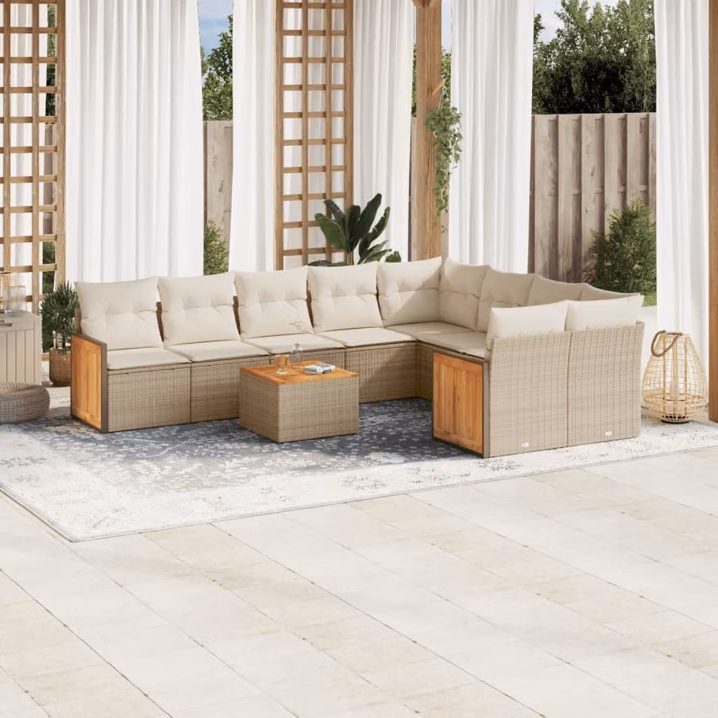 vidaXL Set Divano da Giardino 10 pz a L in Polyrattan con Cuscini Beige e Tavolino