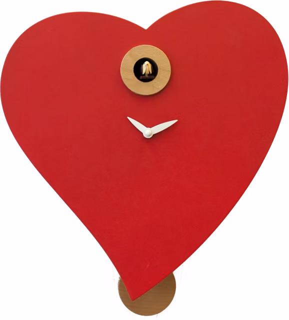 Orologio con cucù a forma di cuore Pirondini in legno rosso con music box e movimento al quarzo