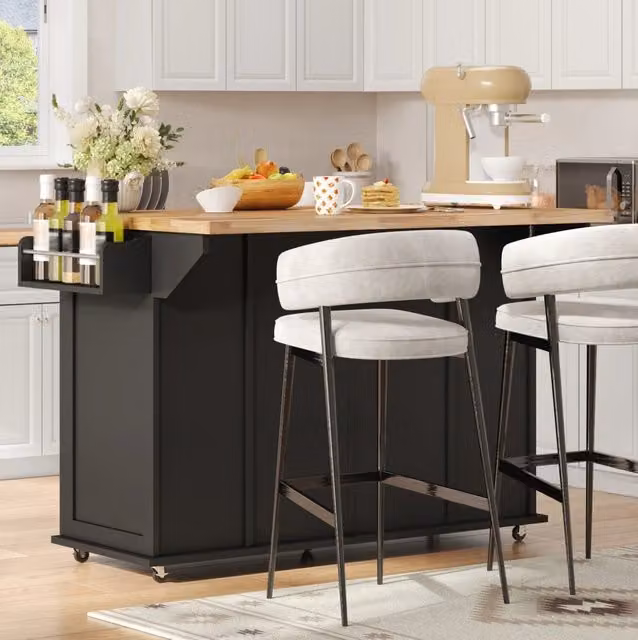 Isola da cucina mobile con piano pieghevole; 3 cassetti e ruote bloccabili; MDF; nero e naturale