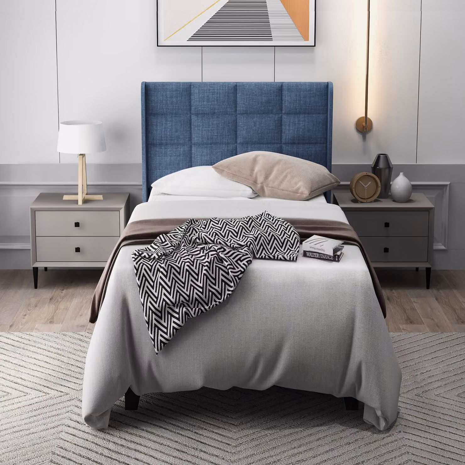 okwish Letto moderno imbottito con testiera imbottita letto singolo con rete a doghe, 90x200cm lino blu (senza materasso)
