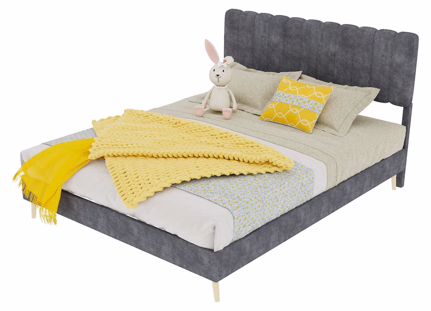 Letto imbottito 140x200 cm, grigio, in legno con rivestimento in velluto, struttura del letto con testiera imbottita, letto basso ideale per la camera da letto