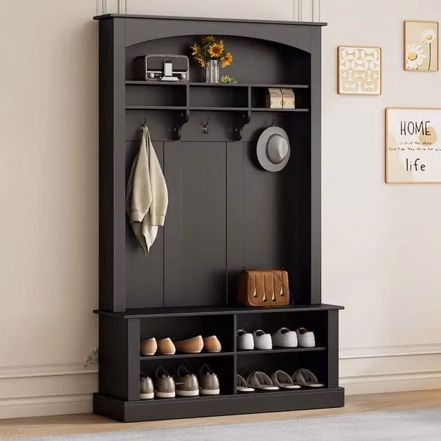 Appendiabiti da ingresso 120x40x190 cm con panca e ripiani nero
