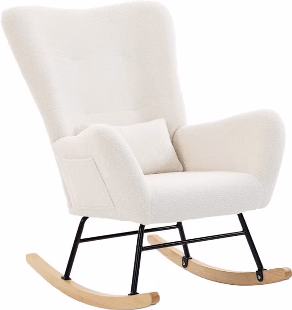 Poltrona a dondolo HOMCOM in tessuto bouclé con schienale alto e gambe in legno massiccio, colore crema/beige
