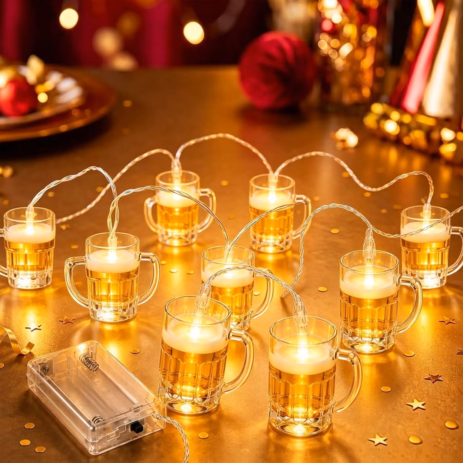 Catena luminosa a LED per bicchieri, lunghezza 1,5 metri, 10 LED, luce bianco caldo, alimentazione a batteria