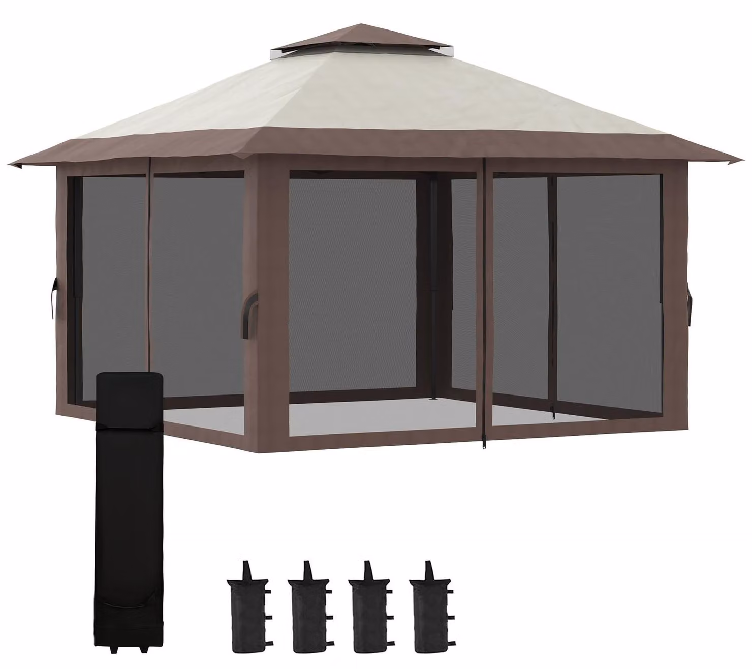 Gazebo Pieghevole 4X4M Gazebo Da Giardino Regolabile In Altezza Con Protezione Uv E Tende In Rete, Doppio Tetto, Beige