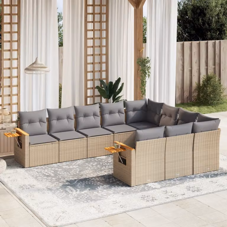 vidaXL Set Divano da Giardino a L in Polyrattan con Cuscini Beige e Tavolino da Esterno 10 pz
