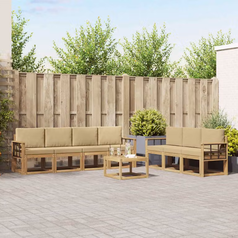 Set di divani da esterno vidaXL 7 pz in legno di acacia marrone e beige con cuscini per giardino e terrazza