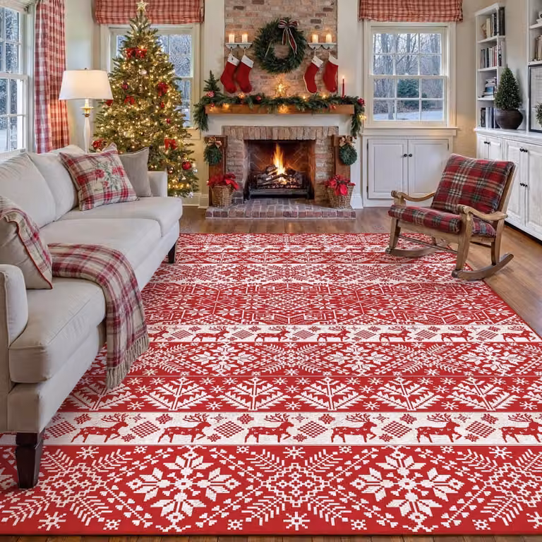Tappeto natalizio lavabile, dimensioni 200 x 300 cm, con motivo a fiocchi di neve