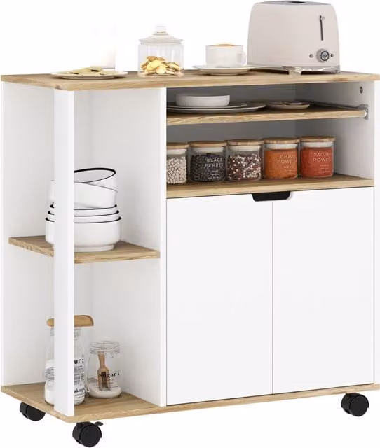 Carrello da cucina HOMCOM moderno in MDF bianco con ripiani regolabili e ruote per cucina, soggiorno o sala da pranzo