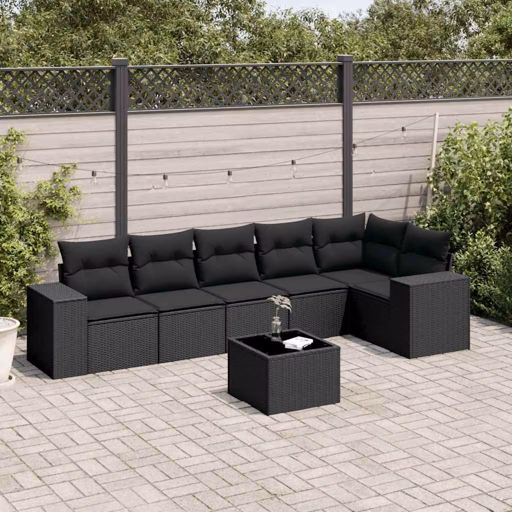 vidaXL Set Divani da Giardino a L con Cuscini 7pz Nero in Polyrattan e Acciaio – 1
