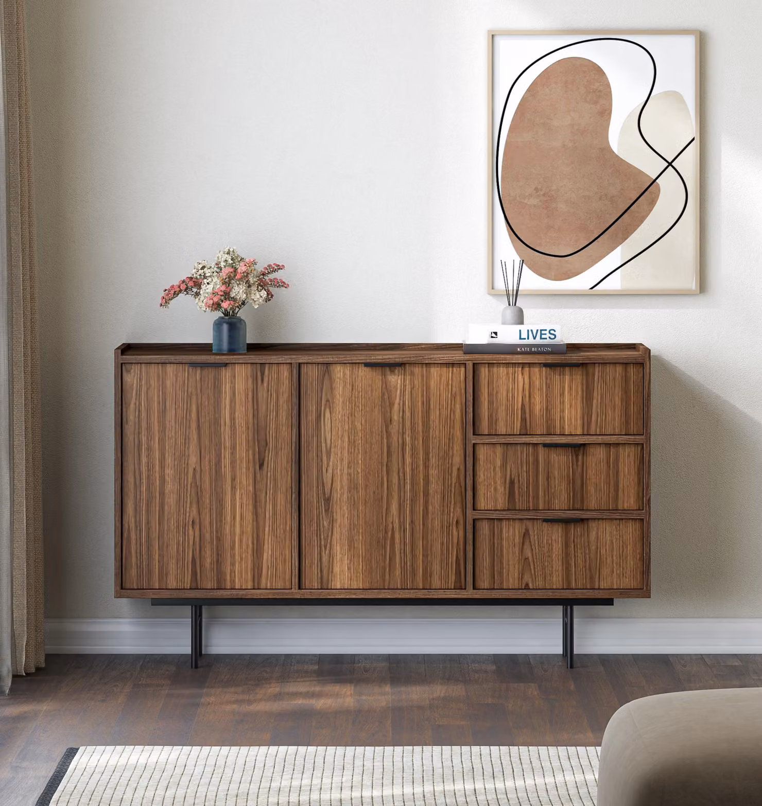 AX LIVING Comodino Nordiva con cassetto da 150 cm, credenza in legno di noce Warmia