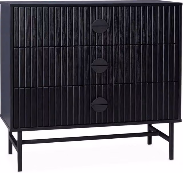 Cassettiera moderna Sweeek con 3 cassetti effetto legno e scanalature nere, nero