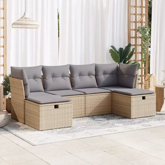 Set Divano da Giardino a L vidaXL in Polyrattan con Cuscini Beige e Grigio, 6 Pezzi