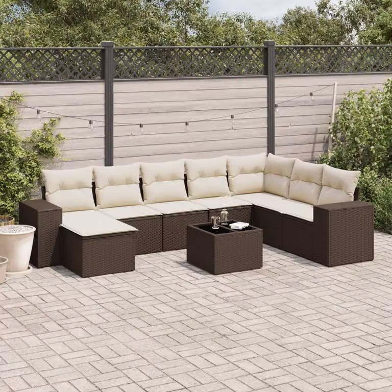 vidaXL Set Divani da Giardino 9pz in Polyrattan Marrone con Cuscini e Tavolino da Esterno