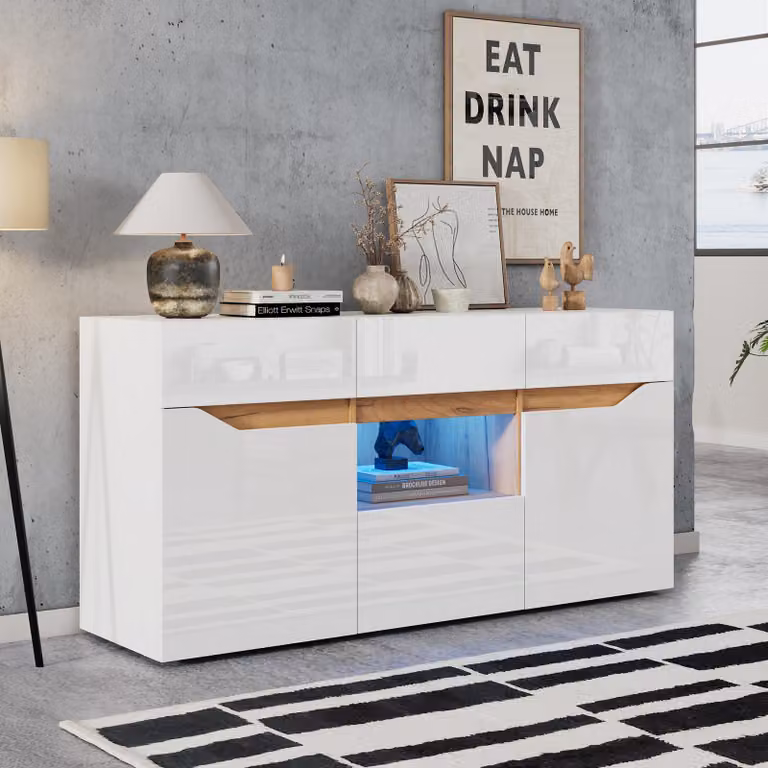 Mobile contenitore, bianco e legno, con 4 cassetti, 2 vani, senza maniglie, illuminazione LED, finitura lucida