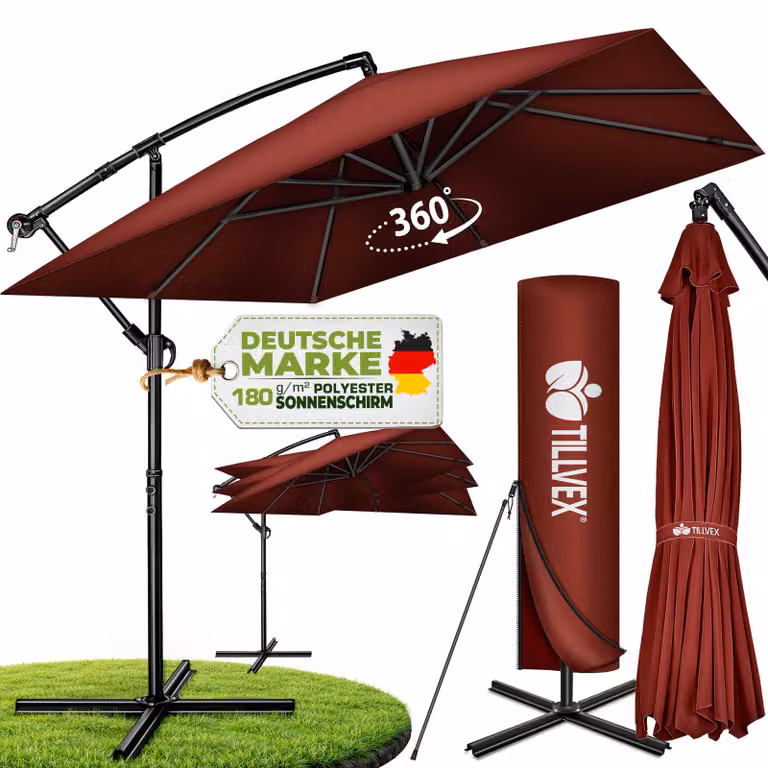tillvex® Parasole in alluminio, rettangolare, diametro 330 cm, rosso + copertura con manovella | Parasole a gondola, angolare, con supporto | Parasole da giardino, protezione UV, in alluminio | Parasole con manovella, impermeabile, girevole a 360°