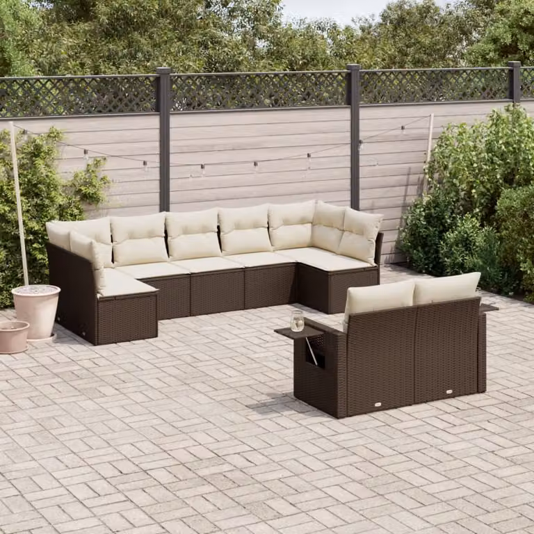 vidaXL Set Divani da Giardino 9pz a Forma a U in Polyrattan Marrone con Cuscini e Tavolino da Esterno