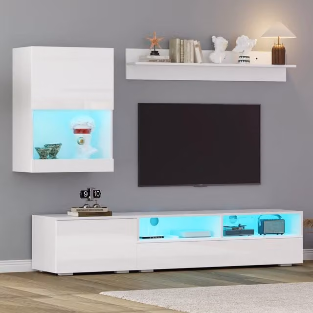 Set di mobili da soggiorno con mobile TV; pensile e mensola LED in truciolare bianco lucido