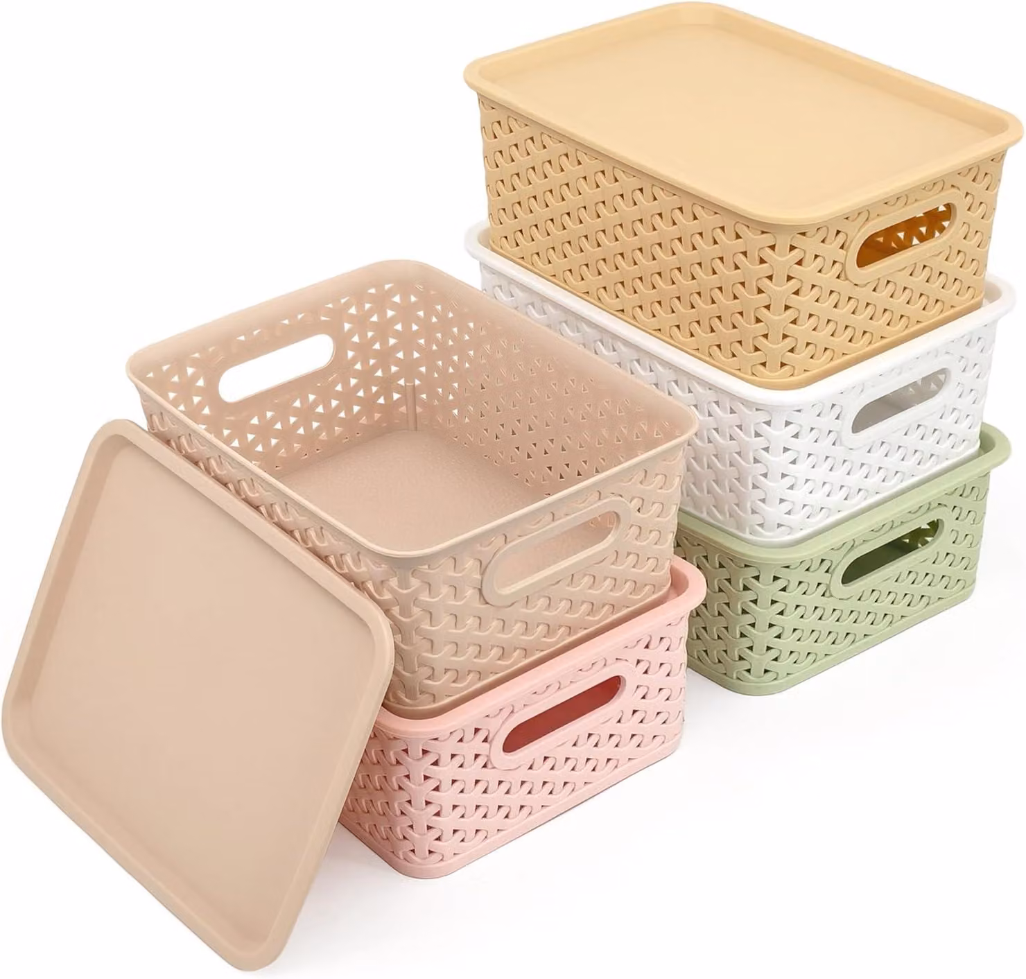 Contenitore di stoccaggio da 4 litri, set da 5, in plastica, colori pastello, design effetto rattan, per uso domestico