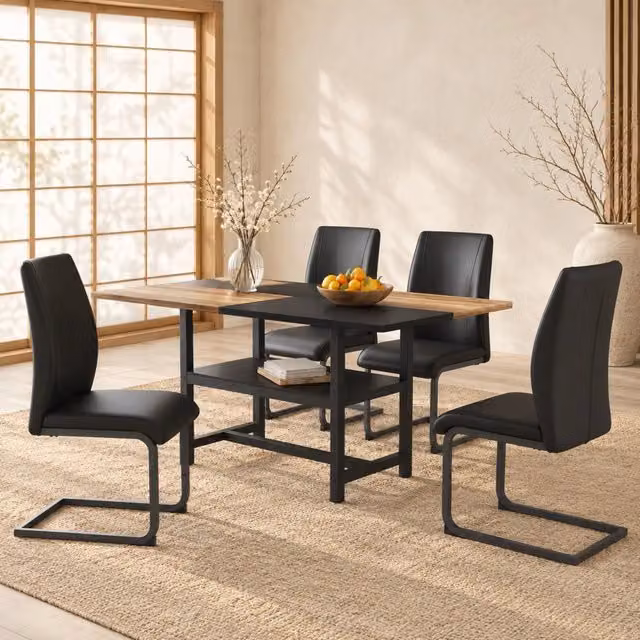 Set da pranzo MIVRAY con tavolo rettangolare e 4 sedie in similpelle nera con struttura in metallo