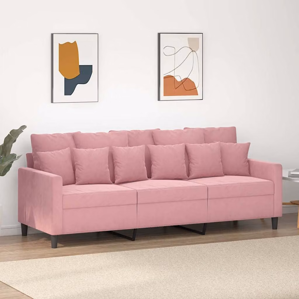 Divano a 3 posti vidaXL in velluto rosa con struttura in metallo e cuscini inclusi, L: 180 cm