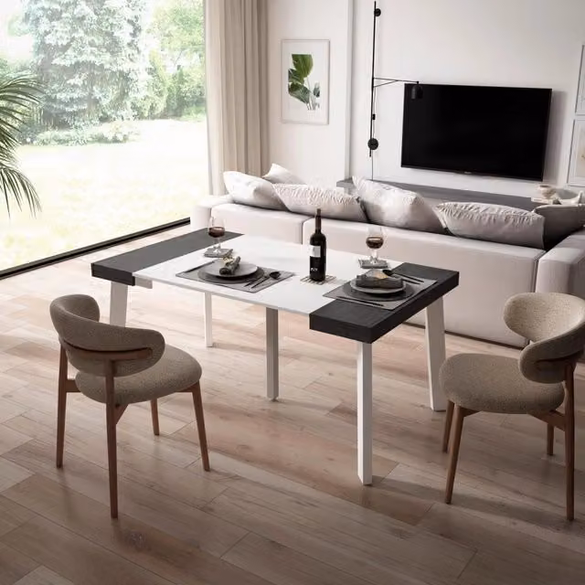 Consolle allungabile, 160x90x73cm, Per 8 persone, Gambe in legno, Bianco e nero RF3130
