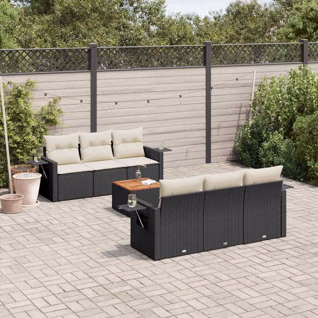vidaXL Set Divani da Giardino a L con Cuscini 7pz in Polyrattan Nero e Bianco – 1
