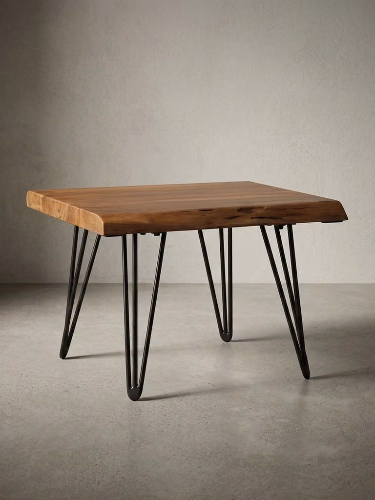 Tavolino di design in legno massiccio sheesham bordo albero 56 x 38 x 51 cm, tavolo in legno sheesham con gambe in metallo, tavolo da soggiorno in stile rustico country house