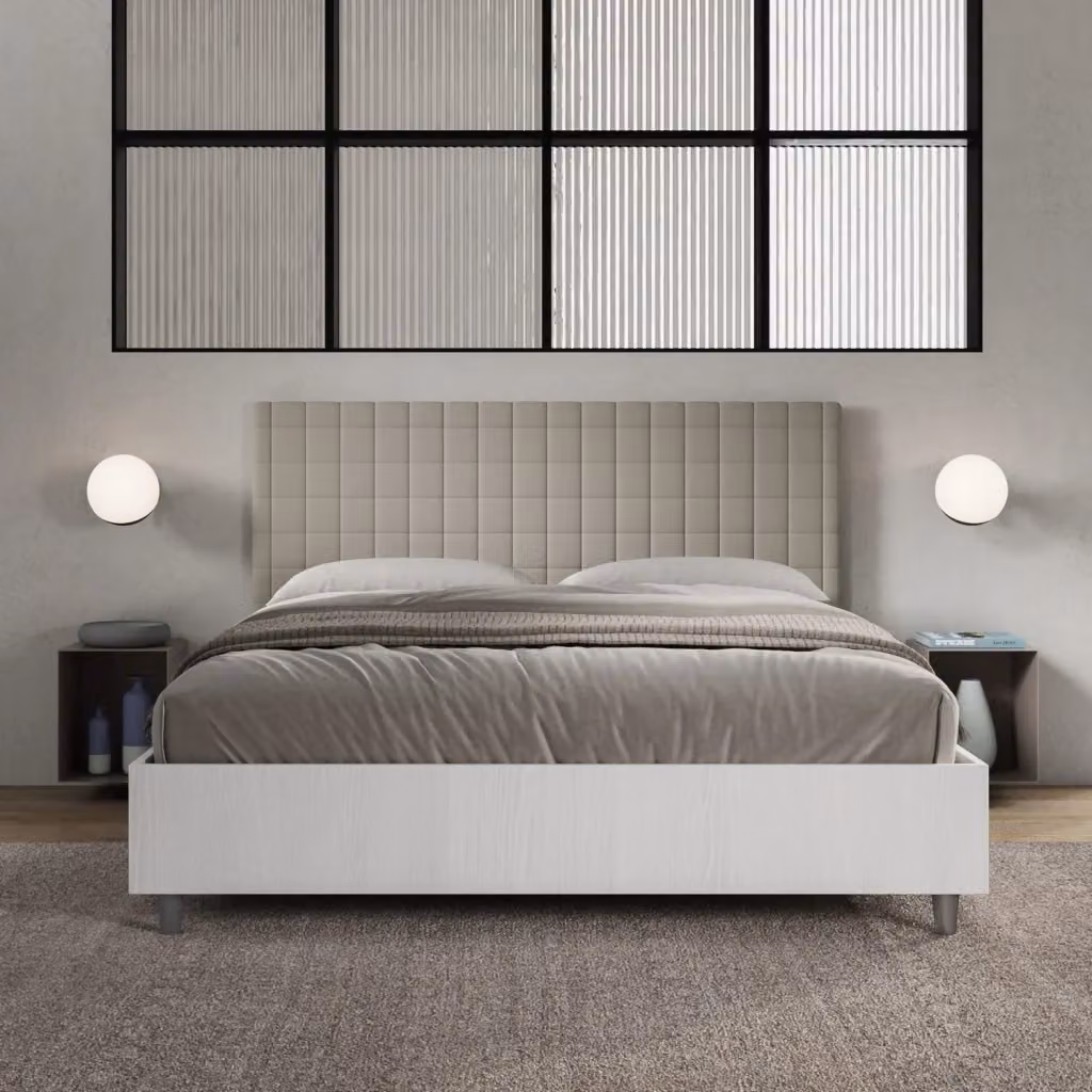 Letto Matrimoniale con Contenitore a Alzata Giordanoshop, Struttura Bianco Frassico e Testata in Similpelle Beige, L/P: 160 x 200 cm – 2