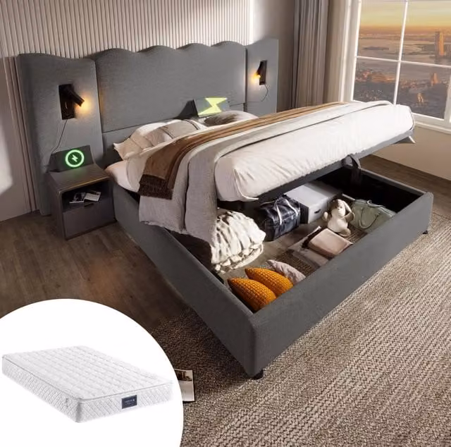 Letto matrimoniale contenitore grigio 160 x 200 cm con luci, ricarica USB-C e materasso