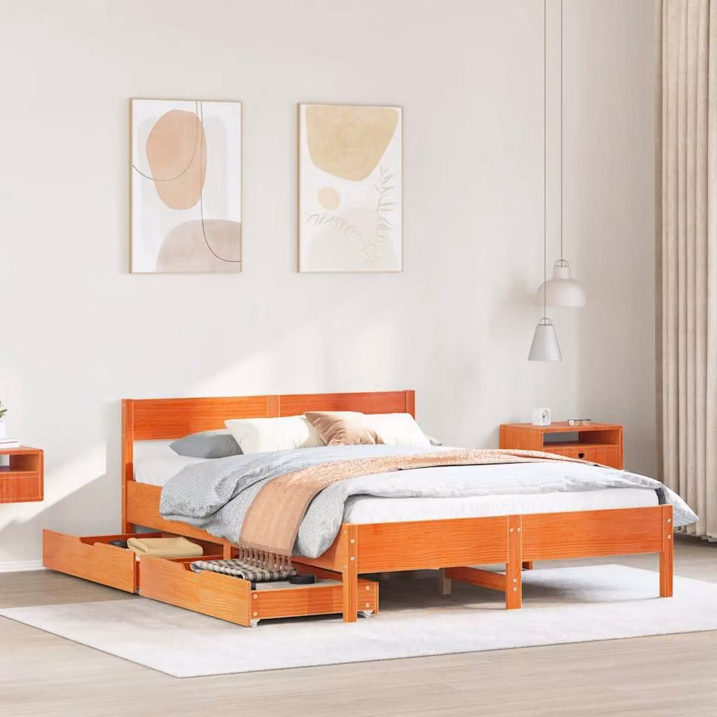 vidaXL Giroletto in Legno di Pino Massello Marrone Cera con Doghe Rigide L/P/H: 200 x 140 x 71,5 cm – 1