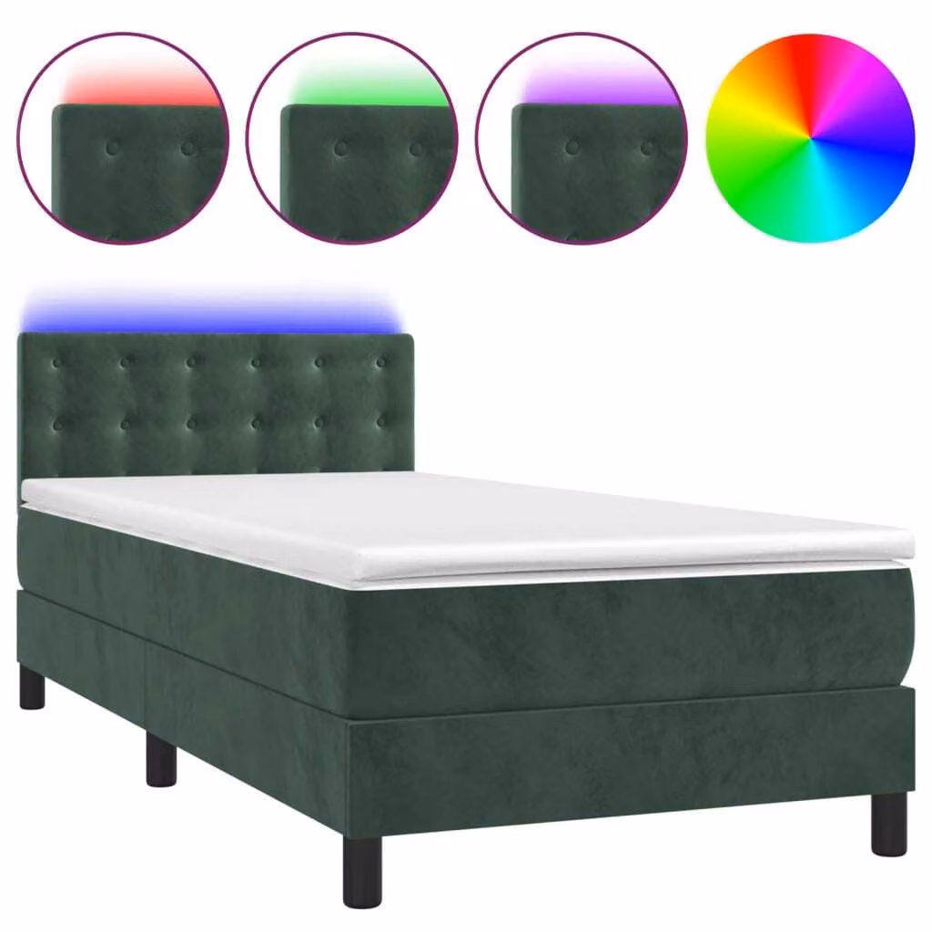 Letto a Molle con Materasso e LED Verde Scuro 80x200cm Velluto