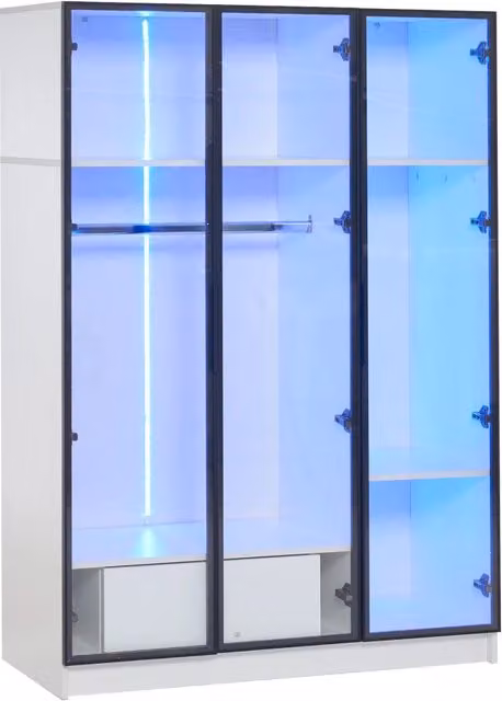 Armadio bianco con 3 ante in vetro, 1 cassetto e LED, 110x50x160 cm
