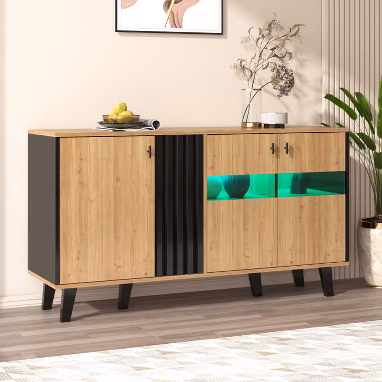 Cassettiera Merax con illuminazione a LED, credenza a 3 ante e 6 scomparti, credenza a buffet, mobile contenitore per la casa di campagna 140x78x41cm, naturale/nero