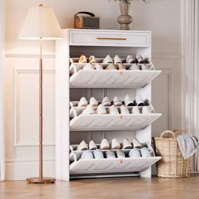Scarpiera con 6 vani aperti e 1 cassetto in MDF bianco per ingresso e ufficio 70 × 25 × 123;5 cm