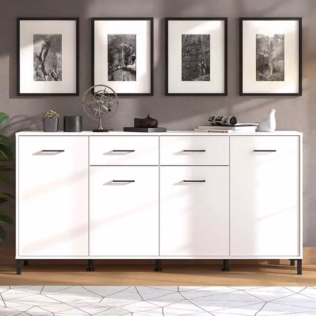 Madia Grondona DMORA, Credenza moderna con 4 ripiani, Bianco opaco, L: 182.5 cm, P: 40 cm, H: 90 cm