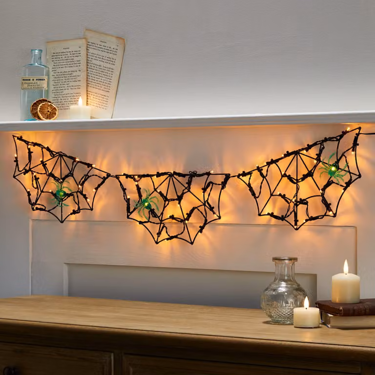 Luci decorative a LED a forma di ragnatela per Halloween, lunghezza 0,9 m, 60 LED, con timer e alimentazione a batteria