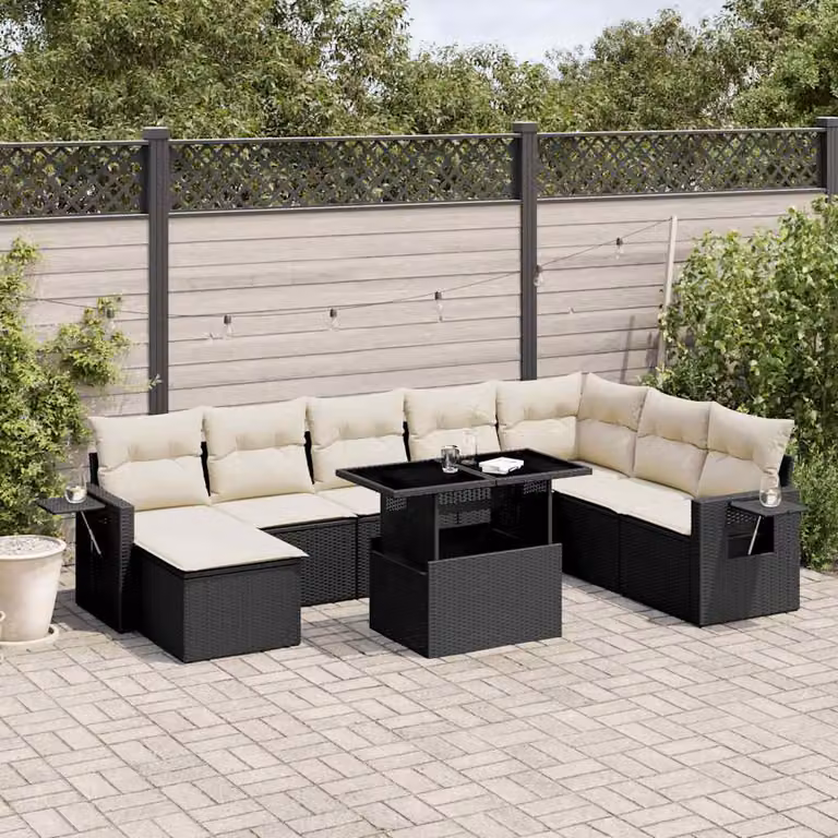 vidaXL Set Divani da Giardino a L in Polyrattan Nero con 8 Cuscini e Tavolino da Esterno