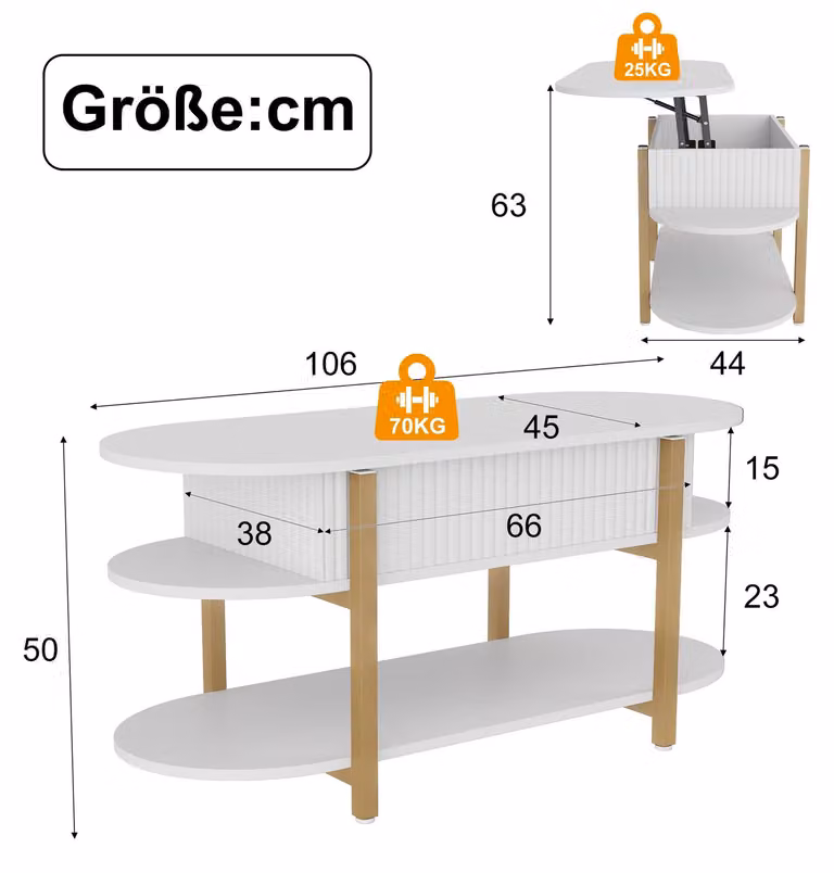 Tavolino da divano - 2 in 1 con piano rialzabile - Scomparto portaoggetti - Altezza 50 cm - Forma ovale - Piano in legno con struttura in metallo - Bianco