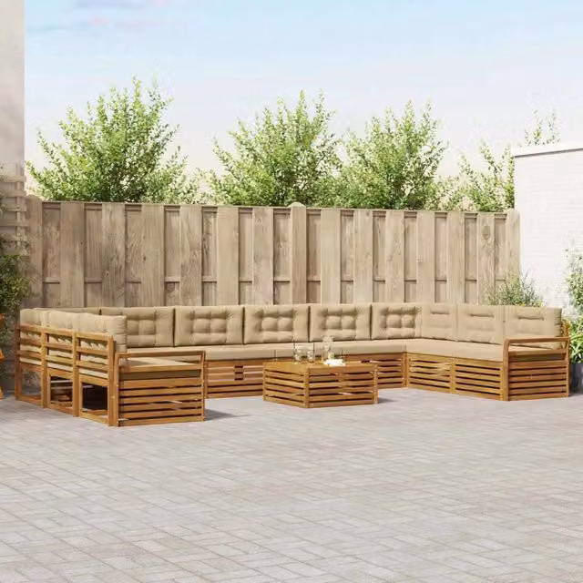 Set di divani da giardino vidaXL in legno di acacia massello, 11 pezzi, beige e marrone con tavolo da caffè e cuscini inclusi – 1