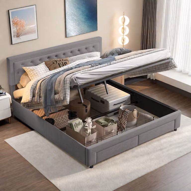 Letto imbottito ProximaX 160x200 cm in velluto grigio, letto idraulico con contenitore e 2 cassetti