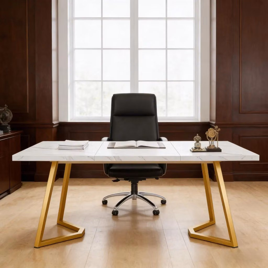 Scrivania moderna da ufficio WISHDOR in legno e metallo, bianco e oro – 2