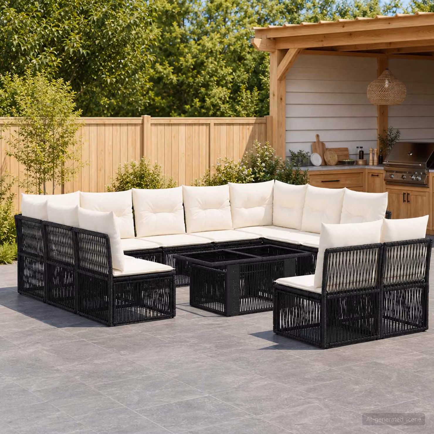 Set Divano da Giardino vidaXL 12 pz a forma a U in Polyrattan Nero con Cuscini e Tavolino da Esterno