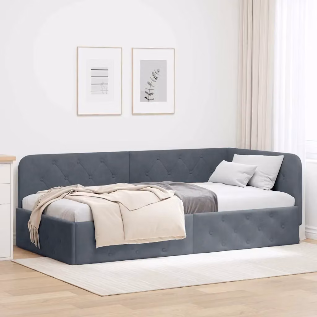Letto singolo moderno in velluto grigio con struttura imbottita L: 90 cm, P: 200 cm, H: 140 cm – 2