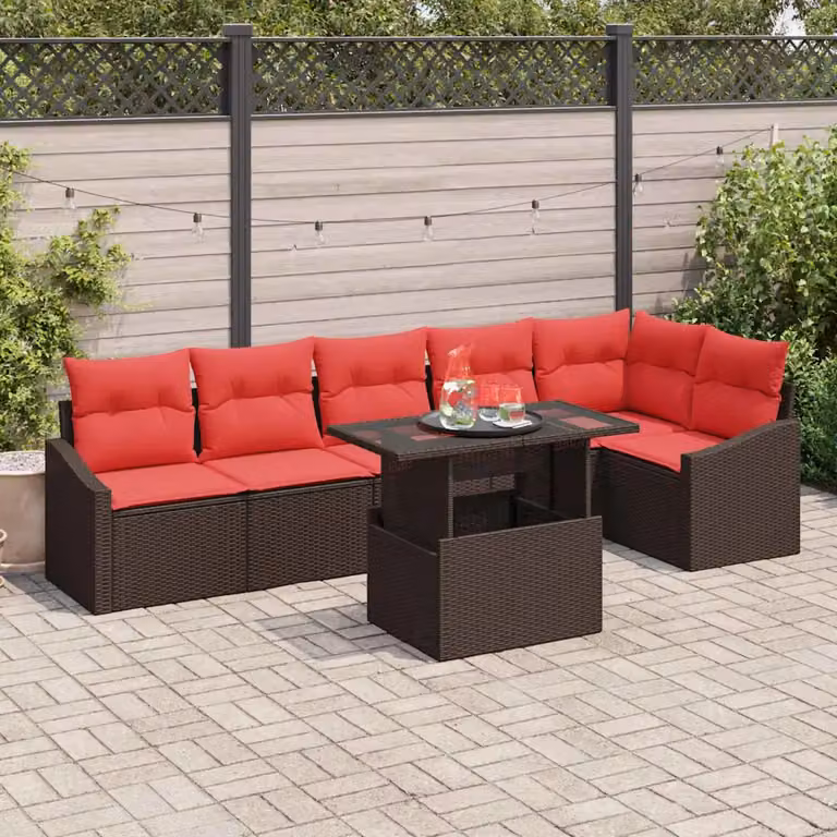 Set Divano da Giardino vidaXL 7 Pezzi a Forma di L con Tavolino, Colore Marrone e Rosso, Struttura in Metallo e Polyrattan con Cuscini Inclusi