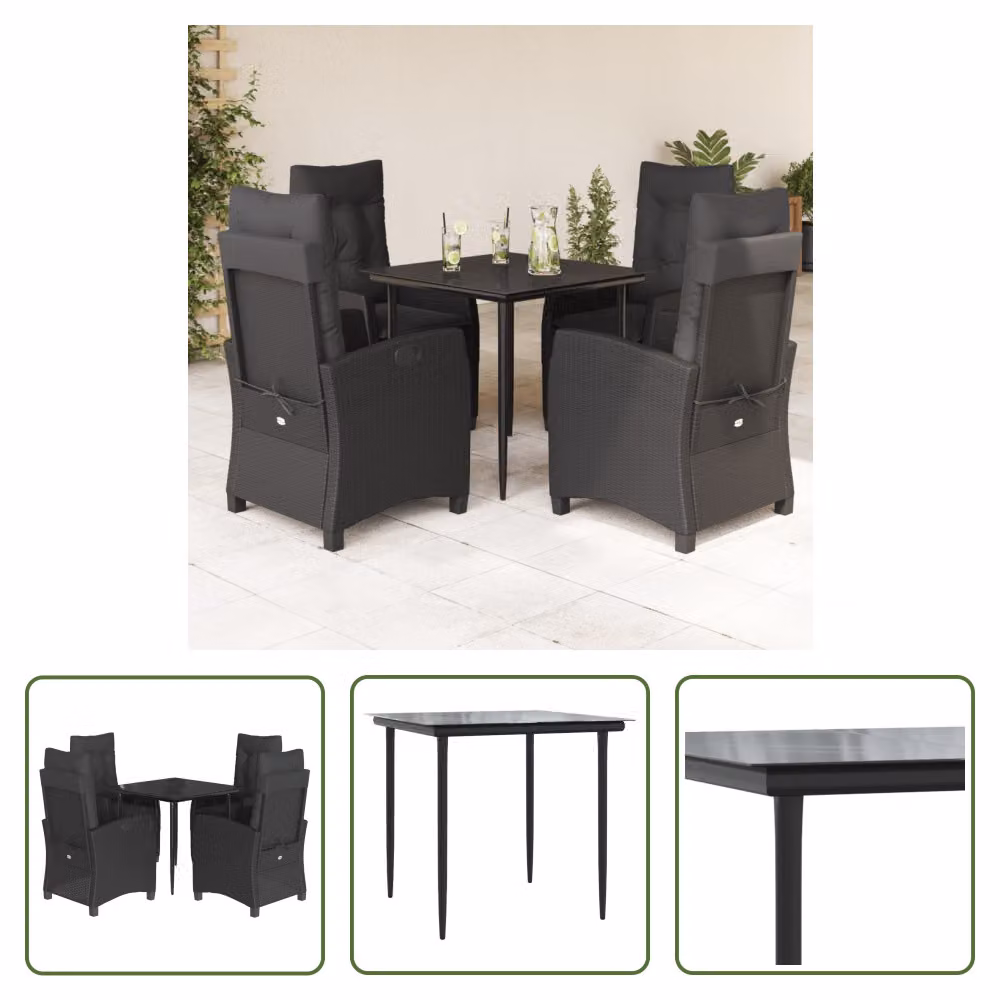 The Living Store Set da pranzo da giardino 5 pezzi con cuscini in poly rattan nero