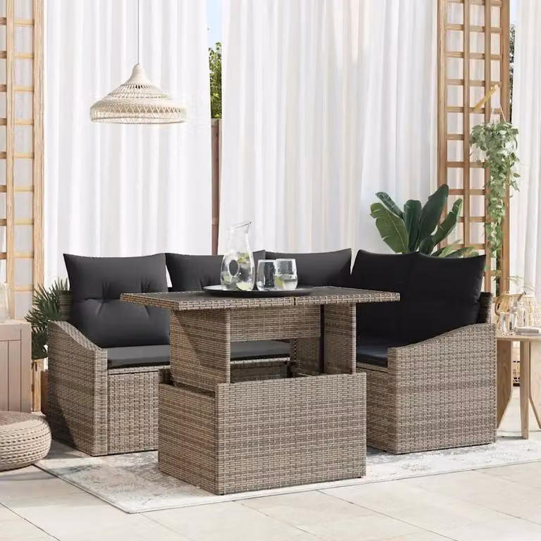 Set Divano da Giardino vidaXL a Forma di L Grigio con Cuscini e Tavolino in Acciaio Verniciato a Polvere