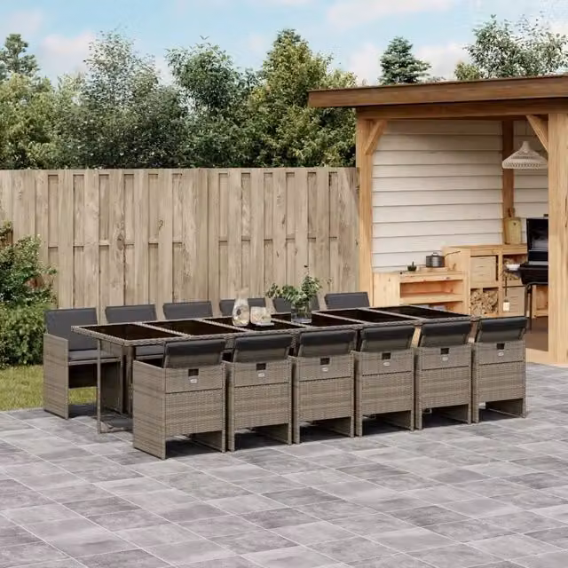 Set da pranzo da giardino vidaXL in polyrattan grigio con cuscini blu e tavolo in vetro da 13 pezzi