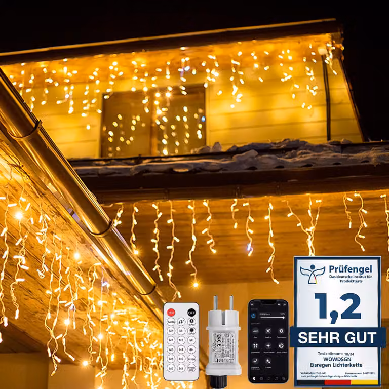 Catena luminosa a LED effetto pioggia di ghiaccio, 5 metri, 220 LED, luce bianco caldo, grado di protezione IP44, controllo tramite app e telecomando