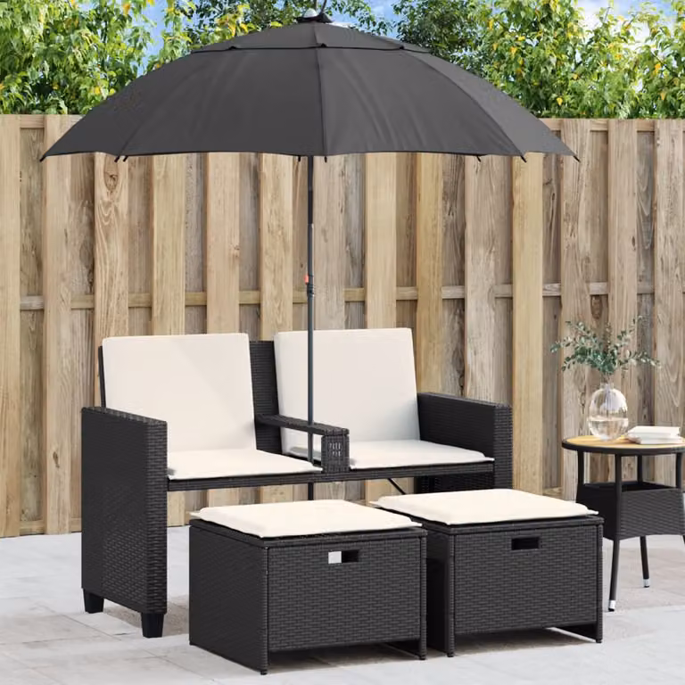 Set da giardino vidaXL con divano a 2 posti, sgabello e ombrellone in rattan nero e struttura in acciaio con cuscini inclusi